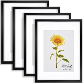 4 Pcs Black A2 Frame 16.5" x 23.4" Wooden Frame A2 Picture Frame Thin Border A2 Poster Frames with Shatter Resistant Acrylic for Photos Posters Horizontal or Vertical Wall Hanging Display