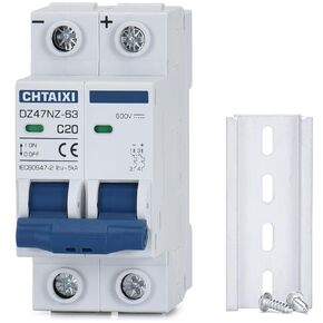 DC Miniature Circuit Breaker, 2 Pole 600V 20 Amp Isolator for Solar PV System, Thermal Magnetic Trip, DIN Rail Mount DC Disconnect Switch C20