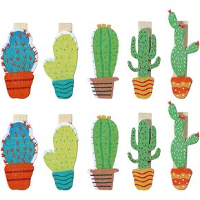 BESTOYARD 50Pcs Cactus Clips Mini Novelty Chip Clips Colored Wooden Clothespins Crafts Photo Clips with Rope