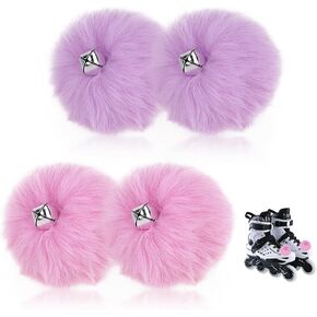 4 Pieces Roller Skate Pom Poms with Bells for Women Girls Fluffy Pompoms Faux Fur Pom Pom Tie-on Roller Skate Pom Poms for Quad Roller Skate Accessories 8 cm