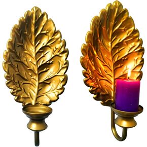 Metal Wall Sconce Candle Holder Décor, Leaf-shape Metal Wall Mounted Candle Sconces, Iron Wall Pillar Candle Sconce for Room, Hallway, Entryway, Bathroom(Gold)