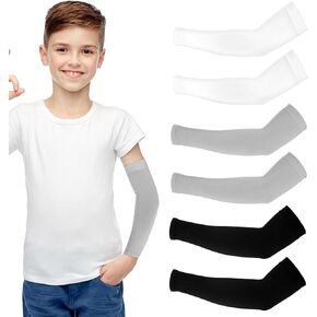 3Pairs Kids Arm Sleeves Thinly UV Sun Protection Cooling Arm Compression Sleeves, Outdoor Sport Breathable Elastic Ice Sleeve for Youth Boys Girls (7-12 Years) (Black&White&Grey)