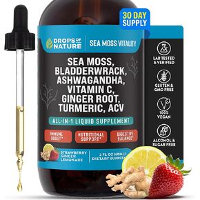 Ashwagandha & Turmeric Liquid Drops - Vitamin C, Sea Moss, Apple Cider Vinegar, Bladderwrack - Vegan Liquid Drops for Comprehensive Wellness Support & Vital Immunity (Strawberry Ginger Lemonade, 60mL)