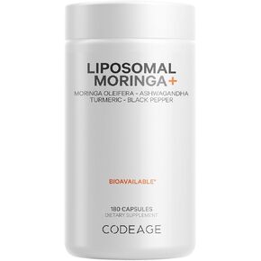 Codeage Liposomal Moringa+ Supplement, 400mg Moringa 50:1 Extract (20,000mg Moringa Oleifera Leaf Equivalent), Turmeric, Ashwagandha, Black Pepper, 3-Month Supply, Vegan Moringa Powder - 180 Capsules