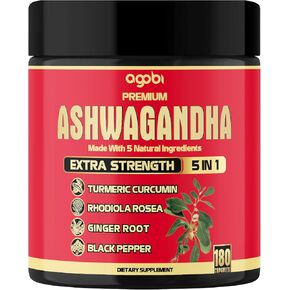 مكمل أشواغاندا الفاخر تكفي لمدة 6 أشهر - الكركم والرهوديولا الوردية والزنجبيل والفلفل الأسود - 180 كبسولة in Kuwait