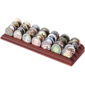 4 Rows Challenge Coin Display Holder for Desk Military Coin Display Stand Holds 32 Coins Military Challenge Coin Display Case Rack Solid Wood,Mahogany Finish