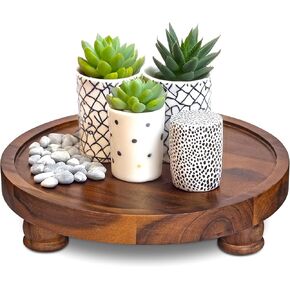 10" Acacia Wood Round Tray - Decorative Plant Stand, Farmhouse Countertop Organizer, Multi-Purpose Display Pedestal, Riser Board for Soap, Perfume, Candles, Sponge, Bathroom, Kitchen