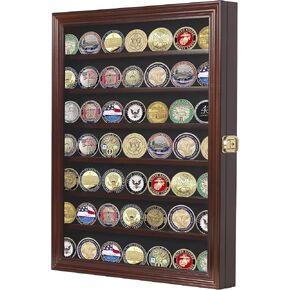 Military Challenge Coin Display Case Lockable Cabinet Rack Holder Mahogany Finish Shadow Box with Removable 2 Grooves Shelves and Anti Fade Door