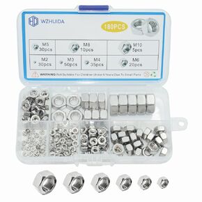430Pcs Metric Hex Nuts & Locknuts Assortment Kit, M2 M3 M4 M5 M6 M8 M10 M12 304 Stainless Steel Assorted Hex Nuts Sets, Self-Locking Nylon Lock Nuts, Bright Finish