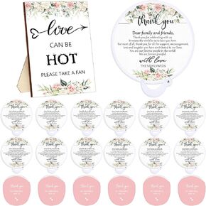 Wenqik 50 Pcs Wedding Fans for Guests and 1 Love is Hot Sign Wooden Wedding Table Sign Wedding Folding Hand Fan Round Shaped Folding Fan with Plastic Handle and Storage Bag for Bridal Shower(Boho)