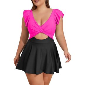 B2prity Women's Plus Size Swimsuit Tummy Control One Piece Swimdress Ruffle V Neck Cutout Wrap Bathing Suit with Skirt