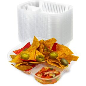 Fit Meal Prep 125 Pack 8 x 6 Inch Plastic Nacho Trays, 2 Compartment Disposable Chip and Dip Holder, Clear Nacho Containers, Ideal for Party Festival Carnival Concession Stand Movie Night Supplies