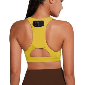 QUEENIEKE V Neck Running Sports Bra with Phone Pocket, Medium Support Workout Tops Padded Racerback Bra for Women