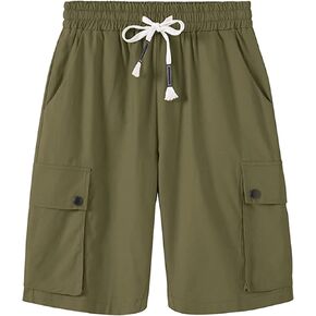 XinYangNi Women's Cargo Shorts Elastic Waist Drawstring Cotton Loose Fit Casual Lightweight Outdoor Multi Pocket Twill Pants