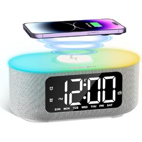 JALL Fabric Alarm Clock for Bedroom, with Big Led Screen Display, Bluetooth Stereo Sound Speaker, FM Radio, Fast Wireless Charging, USB charging port, Nightlight, White Noise, Ideal for Gift, Grey