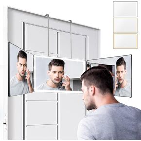 3 Way Mirror with 3 Colors Light, Rechargeable Self Cut Mirror Trifold Mirrors, Adjustable Barber Mirror Telescoping Hooks for Self Hair Cutting, 360 Mirror for Men Shaving Women Dyeing Hair Braiding