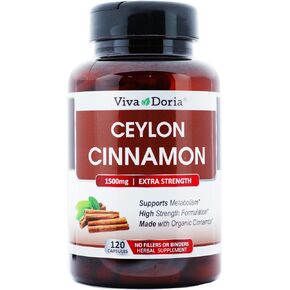 Viva Doria Ceylon Cinnamon, 120 Veggie Capsules, 1500mg Per Serving, Gelatin Free, Made from Organic True Ceylon Cinnamon, 120 Vegetable Capsules