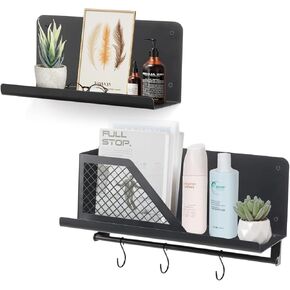 Floating Shelves Wall Mounted Set of 2, Metal Shelf, Floating Decorative Shelf for Storage Living Room, Bedroom, Study, Bathroom, Kitchen, Black with Hanging Rod and Hook