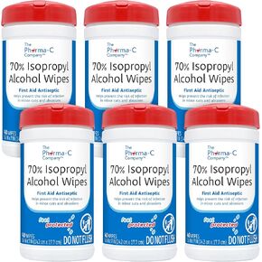 Pharma-C 70% Isopropyl Alcohol Wipes [6 pack - 40ct Canisters] - Bulk IPA First Aid Antiseptic Wound Cleaner with Moisture Lock Lid. For minor cuts, scrapes, and burns. MADE IN USA