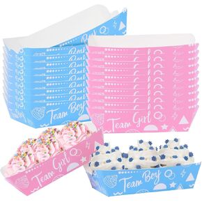 Gender Reveal Birthday Party Supplies Paper Food Tray(50 PCS 2LB) Pink Blue Team Girl Boy Cartoon Dessert Container Holiday Family Supplies Paper Boats for Serving Snack Nacho HotDog Popcorn