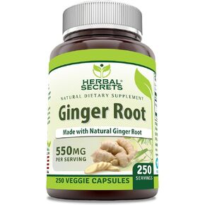 Herbal Secrets Ginger Root 550 mg Per Serving, 250 Veggie Capsules Supplement | Non-GMO | Gluten Free | Made in USA