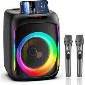 Karaoke Machine with 2 Wireless Microphones, Bluetooth Karaoke Speaker for Party, Wireless Mics, Upgraded DSP Dual HD Stereo Sound, Support TWS/TF/USB