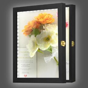 إطار صندوق الظل مقاس 11 × 14 مع مصباح LED وصندوق عرض صندوق الظل العميق مقاس 1.7 بوصة صندوق ذاكرة خشبي أسود مثبت على الحائط مع ظهر من الكتان وباب أكريليك للزهور والصور والبطاقات والتذاكر in Kuwait