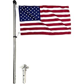 MARINE CITY 304 Grade Stainless Steel Spring Mounting Socket and 32 Inches Flag Stanchion Pole with American Flag (12 x 18 Inches) Kit for Marines – Boats – Yachts (Pack of 1)