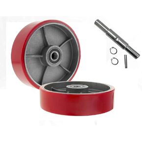Pallet Jack/Truck Steering Wheels Set with Axle, Fasteners and Protective Caps, 7" x 2" with Bearings ID 20mm Poly Tread Red (Red)