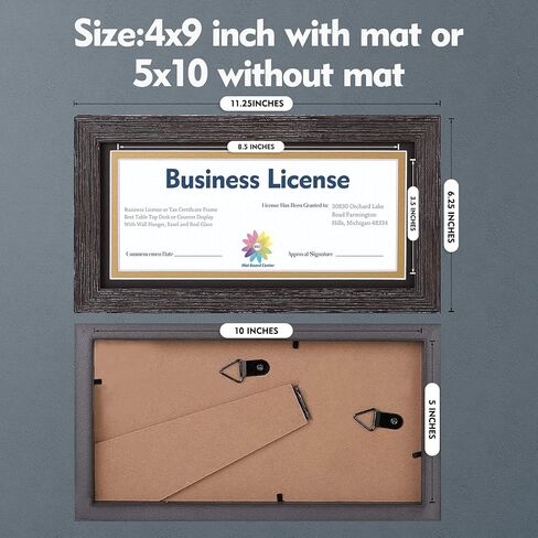 MBC MAT BOARD CENTER، إطار رخصة عمل احترافي بني داكن، حامل معلق وحامل، زجاج مقسى (إطار 5 × 10 لصورة 4 × 9 مع حصيرة مزدوجة سوداء فوق ذهبية) in Kuwait