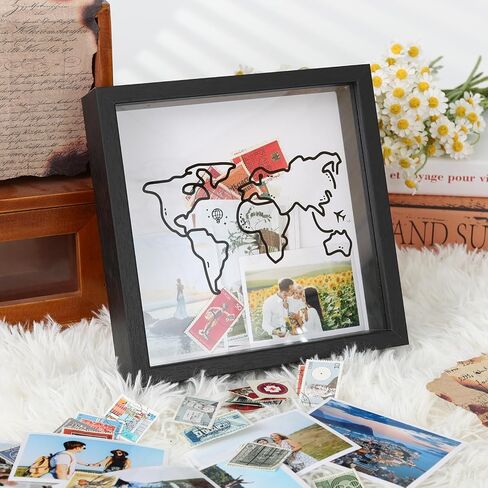 Ronlap Travel Adventure Archive Shadow Box for Memories, Travel Shadow Boxes Display Cases with Slot on Top Top Loading Travel Memory Box for Keepsakes Life in a Shadow Box Travel Frame, Black, 8x8in in Saudi Arabia