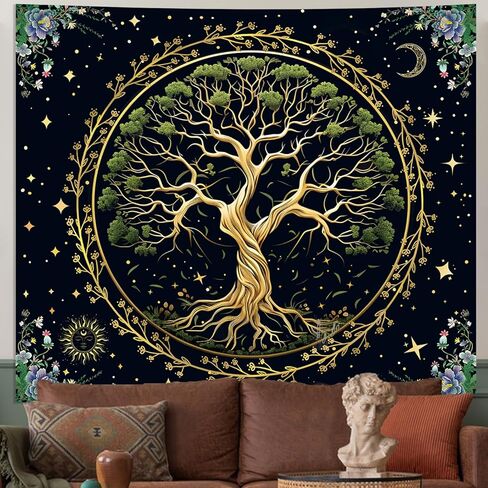 Honcet شجرة الحياة جدار الفن نسيج لغرفة النوم الجمالية، شجرة خضراء الطبيعة بوهو الأزهار المفروشات، الشمس والقمر نسيج الجدار لغرفة المعيشة مكتب النوم 51 "× 60" in Kuwait
