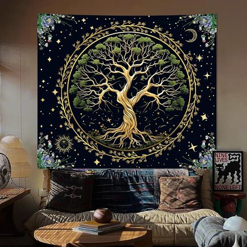 Honcet شجرة الحياة جدار الفن نسيج لغرفة النوم الجمالية، شجرة خضراء الطبيعة بوهو الأزهار المفروشات، الشمس والقمر نسيج الجدار لغرفة المعيشة مكتب النوم 51 "× 60" in Kuwait