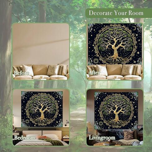 Honcet شجرة الحياة جدار الفن نسيج لغرفة النوم الجمالية، شجرة خضراء الطبيعة بوهو الأزهار المفروشات، الشمس والقمر نسيج الجدار لغرفة المعيشة مكتب النوم 51 "× 60" in Kuwait