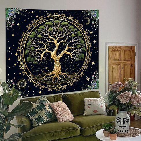 Honcet شجرة الحياة جدار الفن نسيج لغرفة النوم الجمالية، شجرة خضراء الطبيعة بوهو الأزهار المفروشات، الشمس والقمر نسيج الجدار لغرفة المعيشة مكتب النوم 51 "× 60" in Kuwait