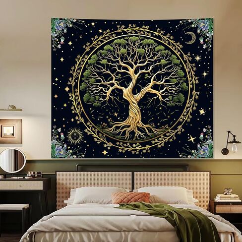 Honcet شجرة الحياة جدار الفن نسيج لغرفة النوم الجمالية، شجرة خضراء الطبيعة بوهو الأزهار المفروشات، الشمس والقمر نسيج الجدار لغرفة المعيشة مكتب النوم 51 "× 60" in Kuwait