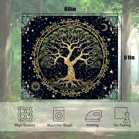 Honcet شجرة الحياة جدار الفن نسيج لغرفة النوم الجمالية، شجرة خضراء الطبيعة بوهو الأزهار المفروشات، الشمس والقمر نسيج الجدار لغرفة المعيشة مكتب النوم 51 "× 60" in Kuwait