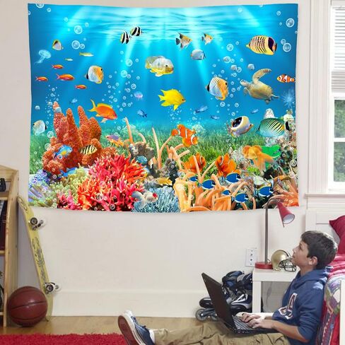 WODEJIA Office Background Room Divider Decor Tapestry,Beach Fishing Boats Aesthetic Wall Fabric Wallpaper for Bedroom, Outdoor Garden Aesthetic 3D Tapestries Size 78 * 59 in Saudi Arabia
