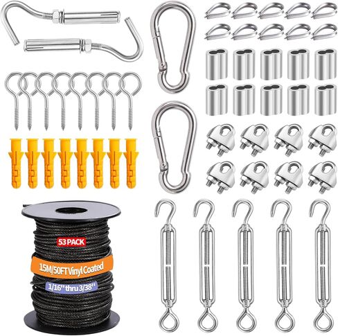 1/16" Wire Rope Kit,15M/50FT Black Vinyl Coated 304 Stainless Steel Cable,String Light Hanging Kit with Turnbuckle for Outdoor,Garden Wire(55 Pack) in Saudi Arabia