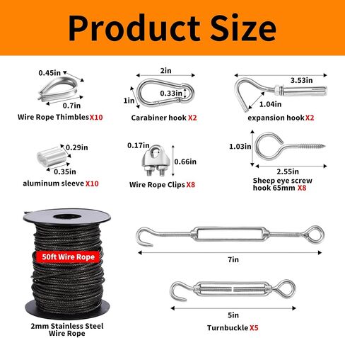 1/16" Wire Rope Kit,15M/50FT Black Vinyl Coated 304 Stainless Steel Cable,String Light Hanging Kit with Turnbuckle for Outdoor,Garden Wire(55 Pack) in Saudi Arabia