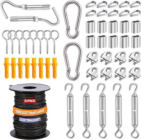 1/16" Wire Rope Kit,15M/50FT Black Vinyl Coated 304 Stainless Steel Cable,String Light Hanging Kit with Turnbuckle for Outdoor,Garden Wire(55 Pack) in Saudi Arabia