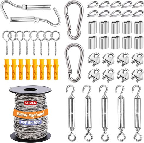 1/16" Wire Rope Kit,15M/50FT Black Vinyl Coated 304 Stainless Steel Cable,String Light Hanging Kit with Turnbuckle for Outdoor,Garden Wire(55 Pack) in Saudi Arabia