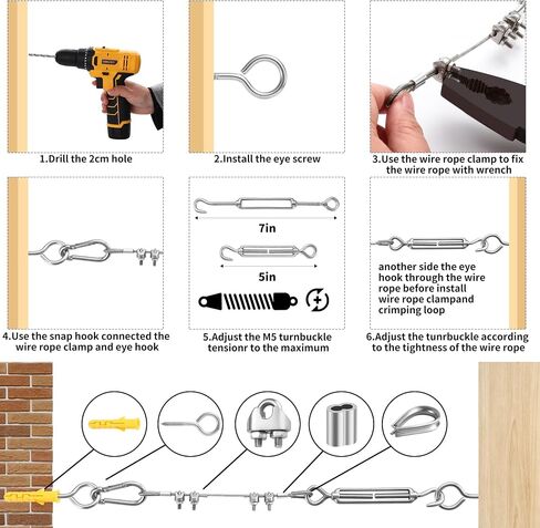 1/16" Wire Rope Kit,15M/50FT Black Vinyl Coated 304 Stainless Steel Cable,String Light Hanging Kit with Turnbuckle for Outdoor,Garden Wire(55 Pack) in Saudi Arabia