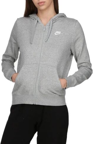سترة بغطاء للرأس بسحاب كامل للنساء من Nike Sportswear Club Fleece (AS1، ألفا، كبير، عادي، عادي، رمادي داكن هيذر/أبيض) in Saudi Arabia