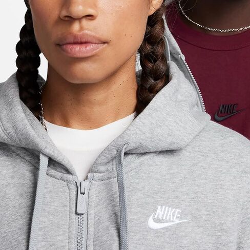 سترة بغطاء للرأس بسحاب كامل للنساء من Nike Sportswear Club Fleece (AS1، ألفا، كبير، عادي، عادي، رمادي داكن هيذر/أبيض) in Saudi Arabia