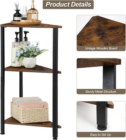 رف زاوية صغير، خزانة كتب ذات 3 طبقات، حامل رف زاوية قائم عتيق، عرض الزاوية ورف تخزين لغرفة النوم، وغرفة المعيشة، والمطبخ، والحمام، والمدخل، والمكتب، ومساحة صغيرة باللون البني in Kuwait