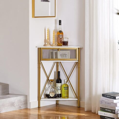 VECELO Corner Cabinet/Table, 3-Tier Display Shelves with Protection Door Metal Frame Storage Shelf Organizer for Small Space, Living Room, Kitchen, Bathroom, Brown in Saudi Arabia