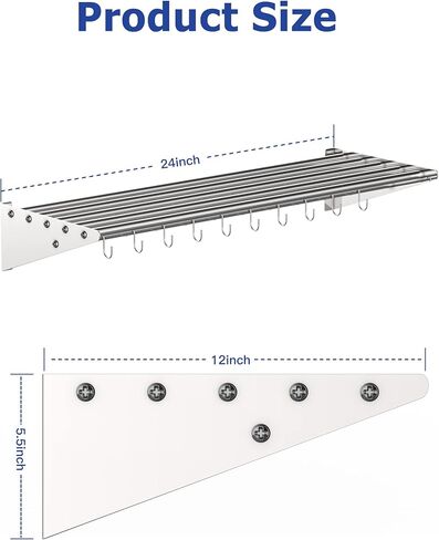 Metal Kitchen Rack for Storage and Organization, [NSF Certified] 12" x 24" Stainless Steel Wall Mount Shelf with 10 S Hooks for Hanging Pots, Pans, Cookware in Home and Restaurant in Kuwait