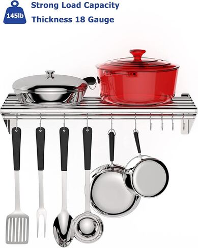 Metal Kitchen Rack for Storage and Organization, [NSF Certified] 12" x 24" Stainless Steel Wall Mount Shelf with 10 S Hooks for Hanging Pots, Pans, Cookware in Home and Restaurant in Kuwait