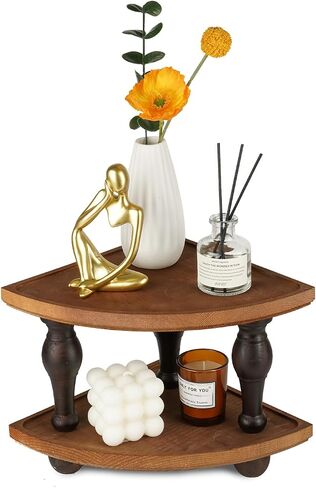 Corner Counter Shelf, 2-Tier Stackable Wood Risers for Display Decorative, Farmhouse Pedestal Stand, Bathroom Kitchen Counter Organizer Soap Dispenser Tray and Sponge Holder in Saudi Arabia